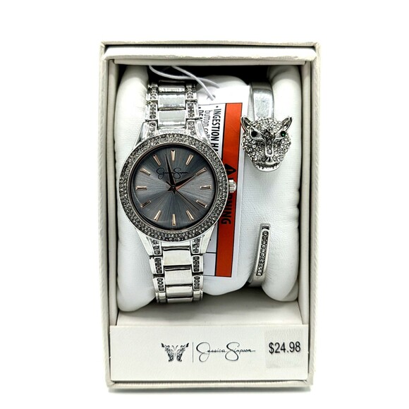 Jessica Simpson Silver Watch & Silver Panther Bracelet Jewel Encrusted - New - Picture 1 of 2